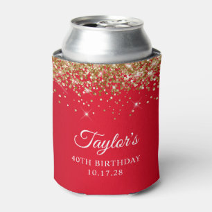 Gold Glitter and Red 40th Birthday Can Cooler