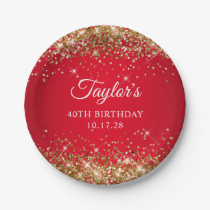 Gold Glitter and Red 40th Birthday Paper Plate
