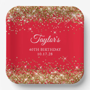 Gold Glitter and Red 40th Birthday Paper Plate
