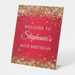 Gold Glitter and Red 40th Birthday Pedestal Sign