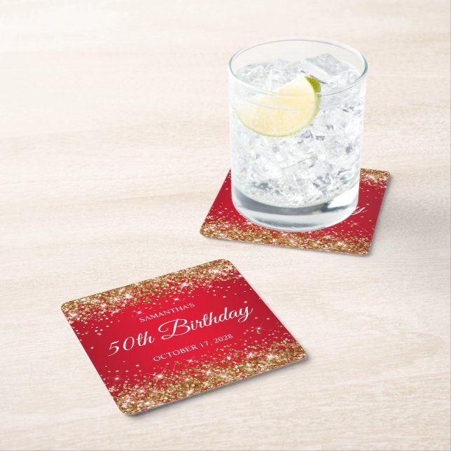 Gold Glitter and Red 50th Birthday Square Paper Coaster (Insitu)