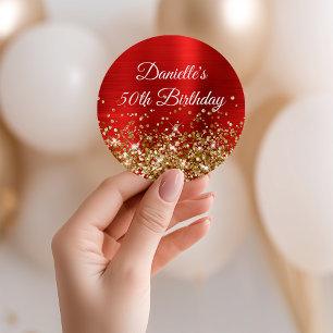 Gold Glitter and Red Foil 50th Birthday Classic Round Sticker