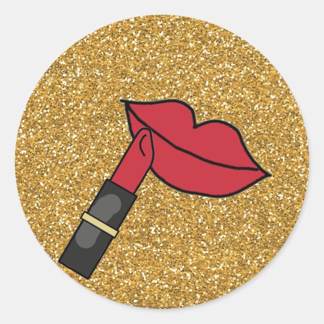 Gold Glitter and REd Lips With Lipstick Classic Round Sticker (Front)