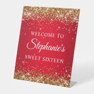 Gold Glitter and Red Sweet Sixteen Welcome Pedestal Sign