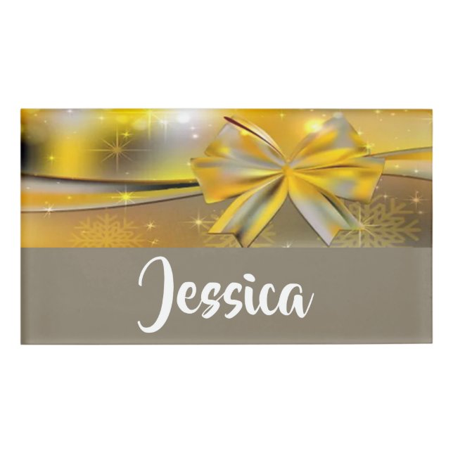 Gold glitter and ribbon print name tag (Front)