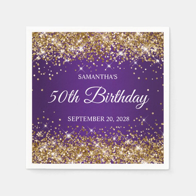 Gold Glitter and Royal Purple 50th Birthday Napkin (Front)