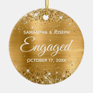 Gold Glitter and Shiny Foil Engaged Ceramic Ornament