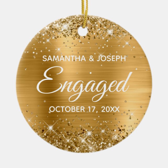 Gold Glitter and Shiny Foil Engaged Ceramic Ornament (Front)