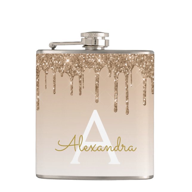 Gold Glitter and Sparkle Luxury Monogram Hip Flask (Front)