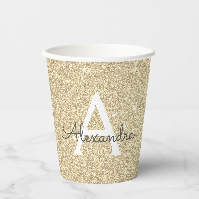 Gold Glitter and Sparkle Monogram Paper Cups (Front)