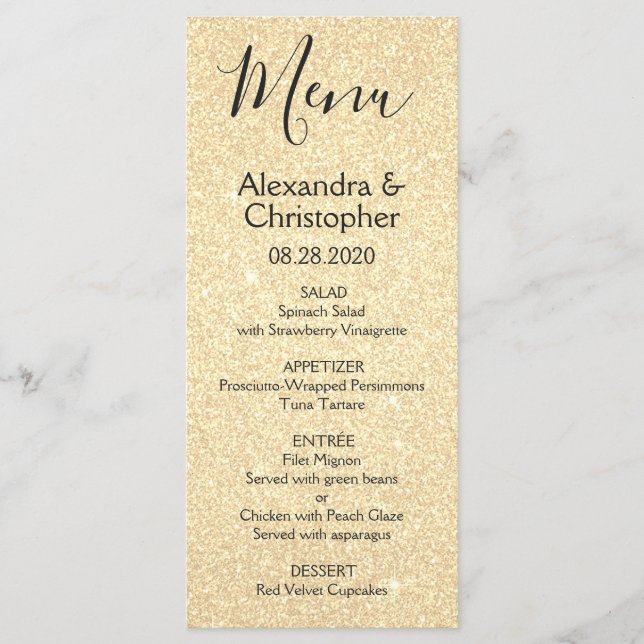 Gold Glitter and Sparkle Wedding Menu (Front)