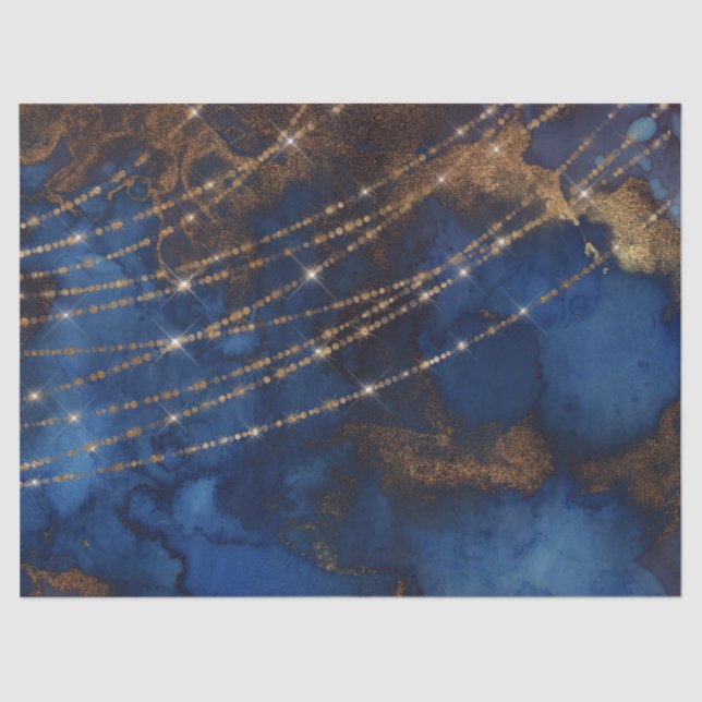 Gold Glitter and String Lights on Blue Decoupage Tissue Paper (Front)