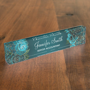 Gold Glitter and Teal Glam Roses Nameplate