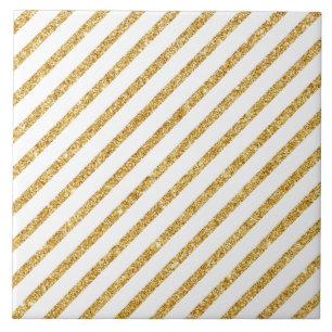 Gold Glitter and White Diagonal Stripes Pattern Ceramic Tile