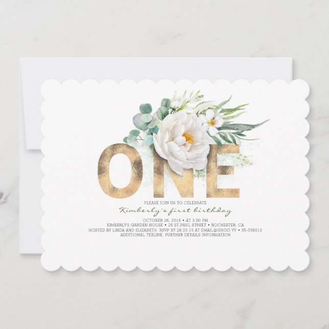 Gold Glitter and White Flowers 1st Birthday Invitation (Front)