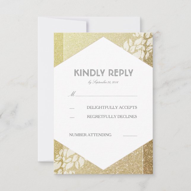 Gold Glitter and White Leaves Wedding RSVP Cards (Front)