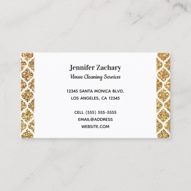 Gold Glitter and White Trellis Business Card (Front)