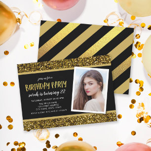 Gold Glitter Any Age Photo Birthday Invitation