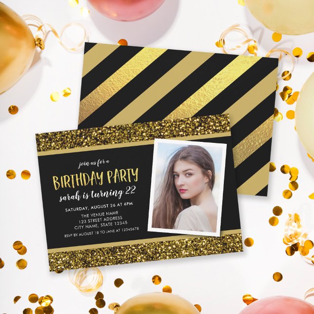 Gold Glitter Any Age Photo Birthday Invitation (Creator Uploaded)