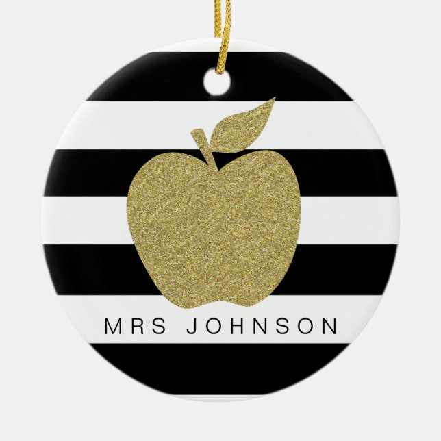 Gold glitter apple thank you teacher christmas ceramic ornament (Front)