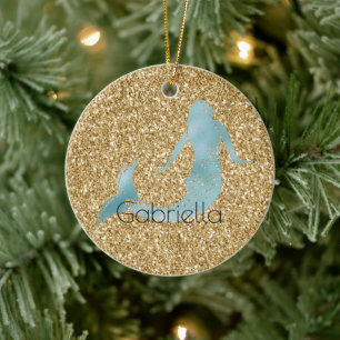Gold Glitter Aqua Mermaid Personalised Ceramic Ornament