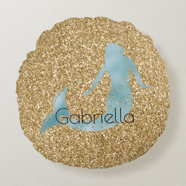 Gold Glitter Aqua Mermaid Personalised Round Cushion (Front)