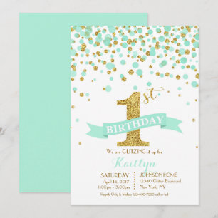 Gold Glitter Aqua Sprinkles Modern Birthday Invitation