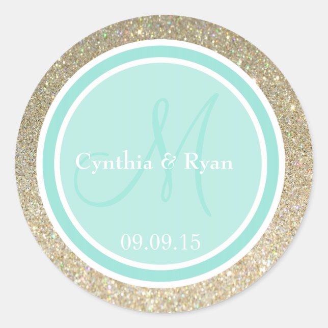 Gold Glitter & Aqua Wedding Monogram Label (Front)