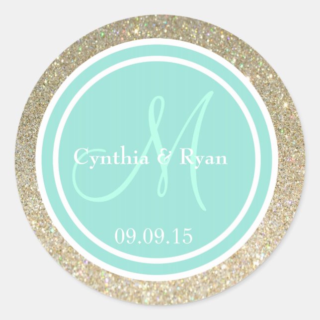 Gold Glitter & Aqua Wedding Monogram Seal (Front)