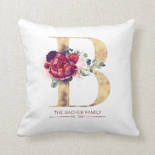 Gold Glitter B Monogram Floral Burgundy Red Cushion