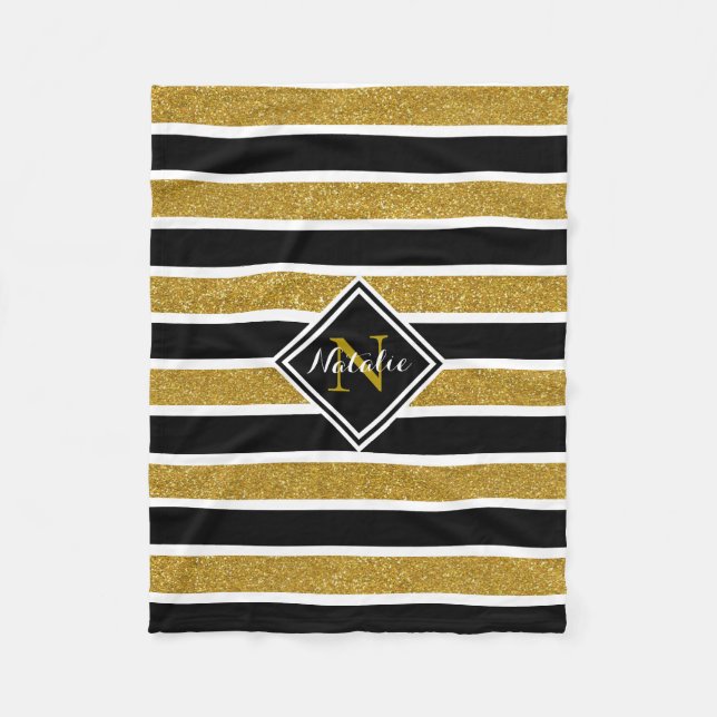 Gold Glitter B&W Stripes w/ Name & Monogram Fleece Blanket (Front)