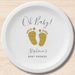 Gold Glitter Baby Feet Paper Plate<br><div class="desc">This cute Baby Shower paper plate is decorated with gold glitter baby feet and Oh Baby! in stylish typography.
Easily customisable.</div>