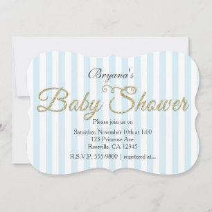 Gold Glitter BABY SHOWER Blue Striped Invitations