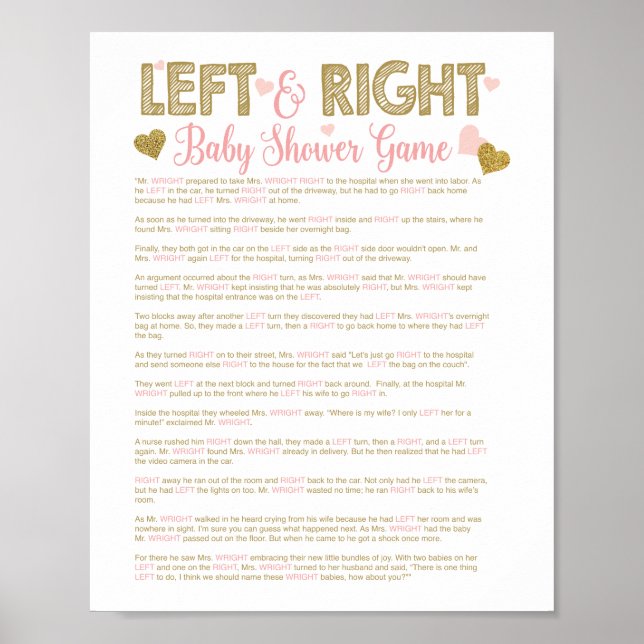 Gold Glitter Baby Shower Left Right Story Game Poster (Front)