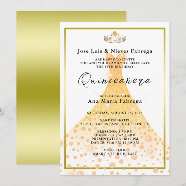 Gold Glitter Ball Gown, Tiara Quinceañera Birthday Invitation (Front/Back)
