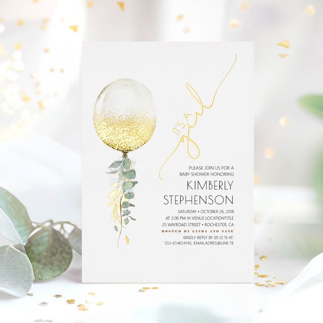 Gold Glitter Balloon Cute Baby Shower It's A Girl (Real Gold Foil Greenery Baby Shower Invitation)