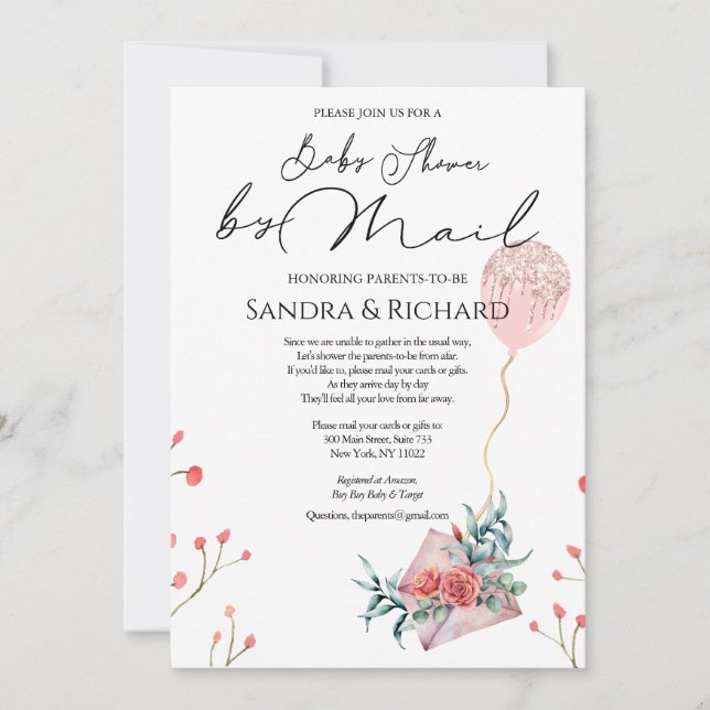 Gold Glitter Balloon Pink Floral Shower by Mail Invitation (Front)