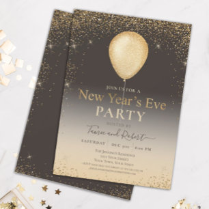 Gold Glitter Balloon Taupe New Year's Eve Party In Invitation