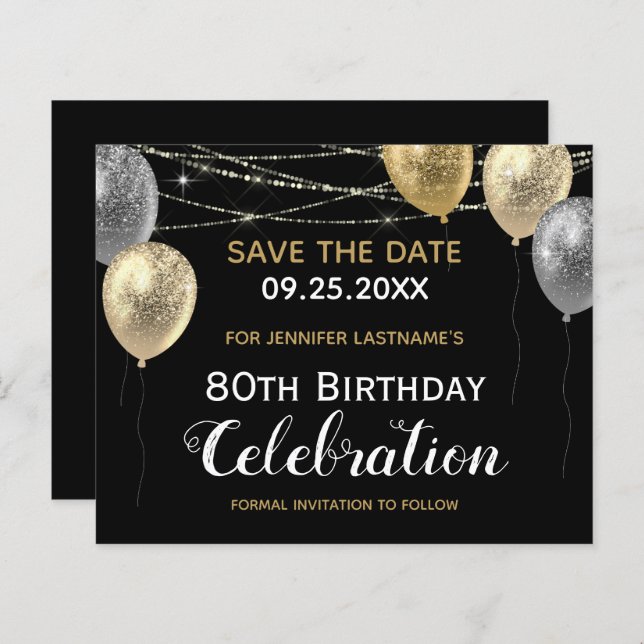 Gold Glitter Balloons 80th Birthday Save the Date (Front/Back)