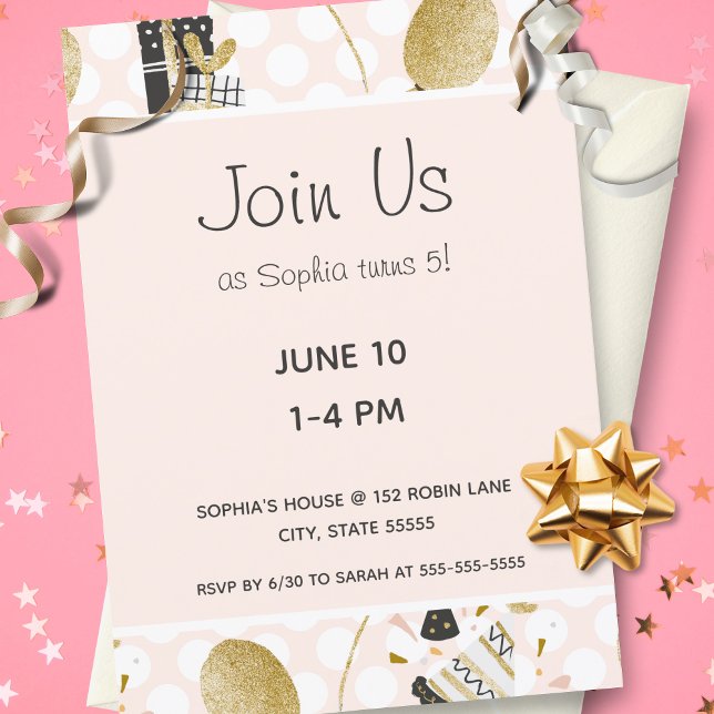 Gold Glitter Balloons and Hats Kid Birthday Party Invitation (Creator Uploaded)
