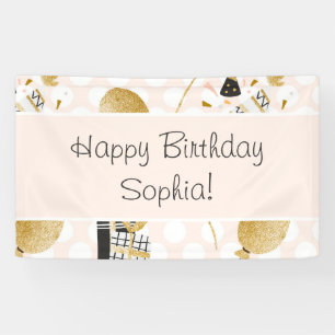 Gold Glitter Balloons and Party Hats Kid Birthday Banner