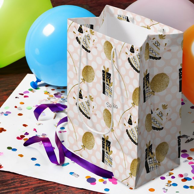 Gold Glitter Balloons and Party Hats Kids Birthday Medium Gift Bag (Creator Uploaded)