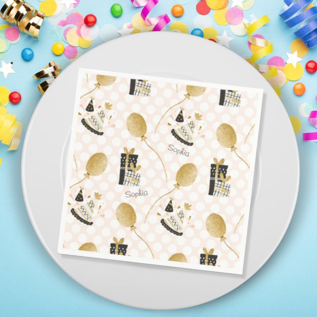 Gold Glitter Balloons and Party Hats Kids Birthday Napkin (Creator Uploaded)