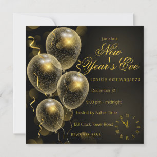 Gold Glitter Balloons Black New Year's Eve Party Invitation