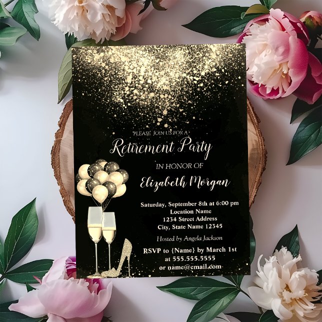 Gold Glitter,Balloons Confetti Retirement Party Invitation (Creator Uploaded)