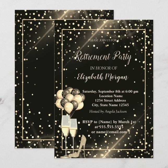 Gold Glitter,Balloons,Dots Retirement Party Invitation (Front/Back)