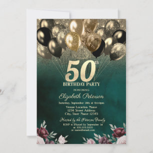 Gold Glitter Balloons Flowers Green 50th Birthday  Invitation