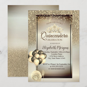 Gold Glitter,Balloons,High Heels,Tiara Quinceañera Invitation