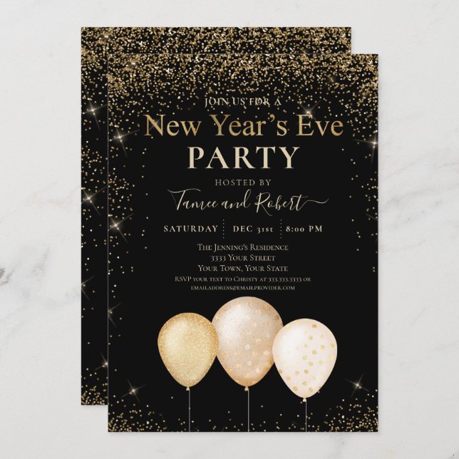 Gold Glitter Balloons New Year's Eve Party Invitation (Front/Back)