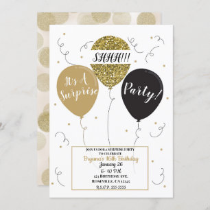 Gold Glitter Balloons Surprise Birthday Party Invitation
